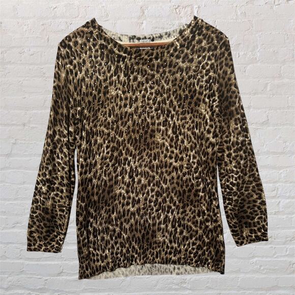 Cathy Daniels Brown Leopard Print Long Sleeve Beaded Detail Crew Neck Top Size M - Picture 1 of 9